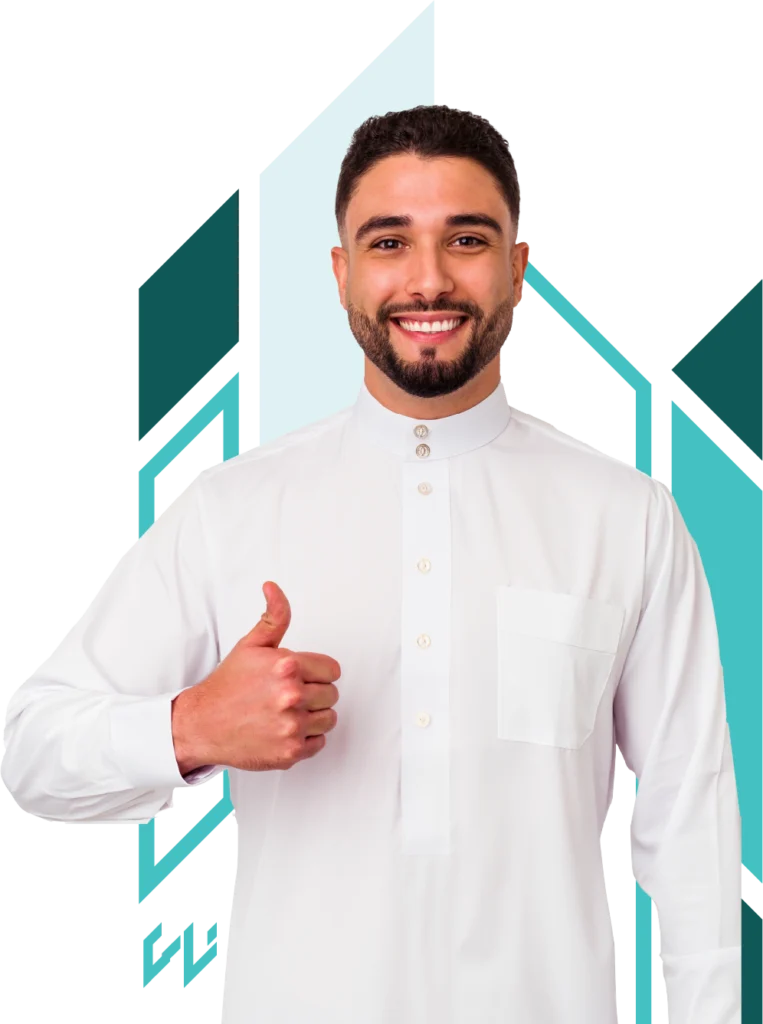 A smiling Arab businessman is giving a thumbs up to Nas Logistics to express his satisfaction.